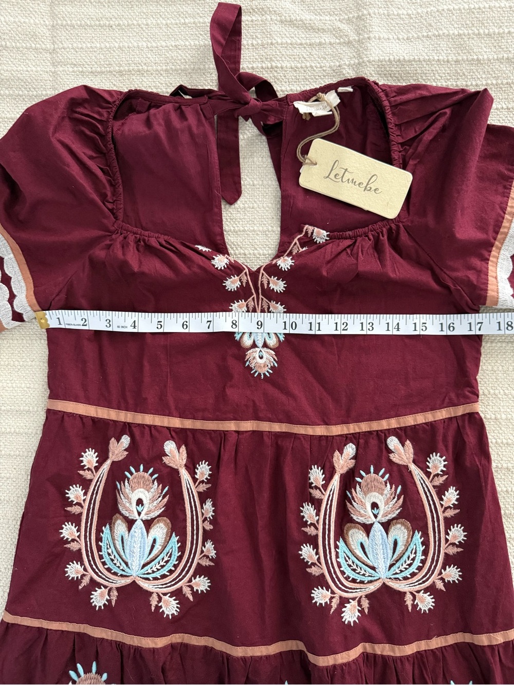 Anthropologie Let Me Be Burgundy Floral Embroidered Tunic Babydoll Dress - Picture 7 of 10